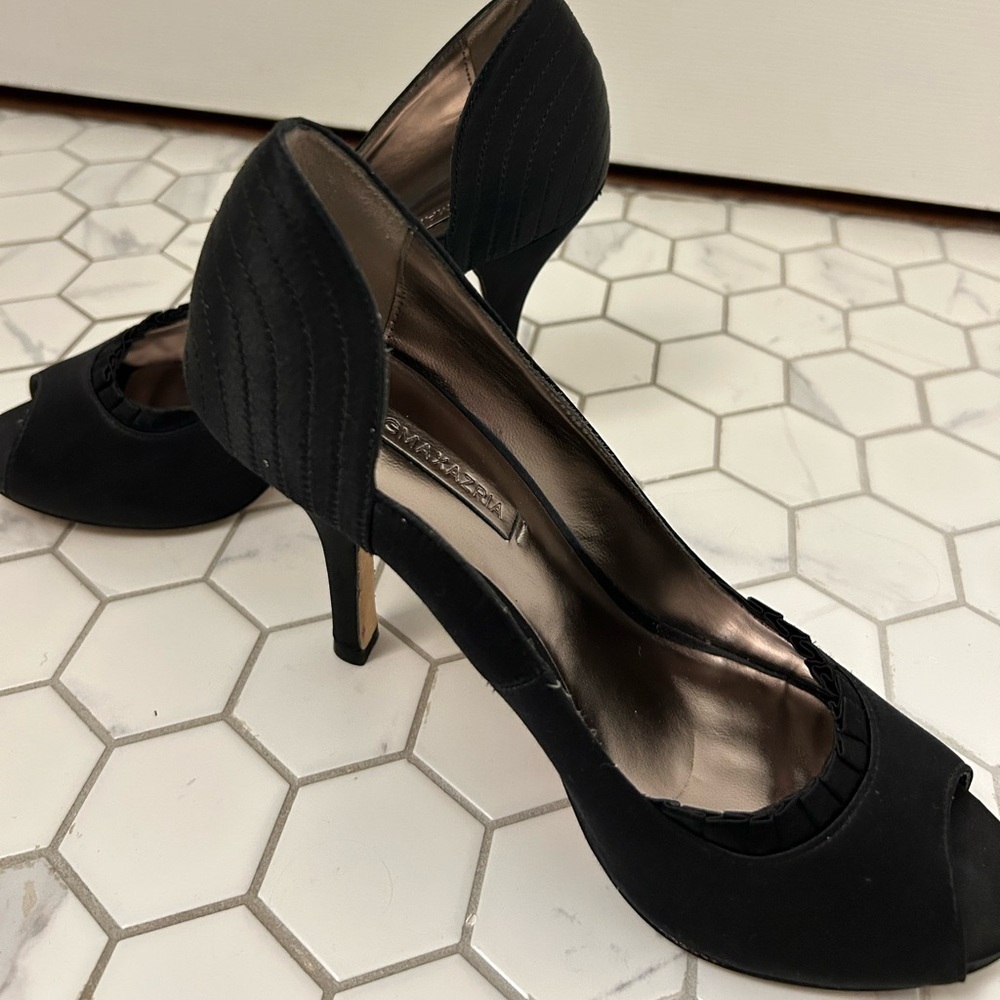 BCBG Black Satin Peep-Toe Pumps, Sz 7.5 - Picture 3 of 9